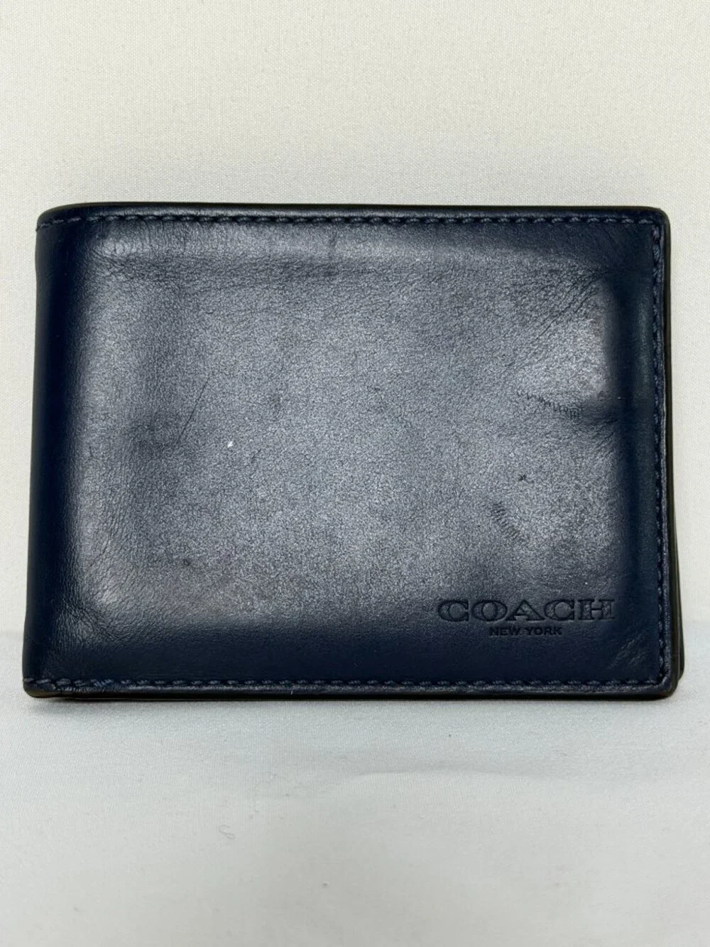 COACH Leather Colorblock Slim Billfold Wallet Navy Blue